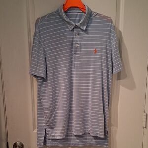 Polo by Ralph Lauren Light Blue and White Striped Cotton Polo with Orange Pony